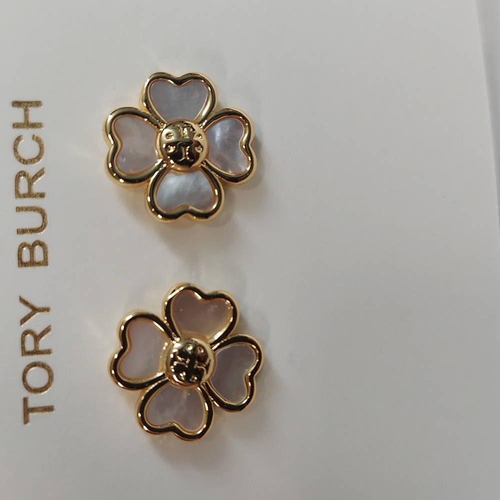Tory Burch Gold and Iridescent Flower Stud Earrings
